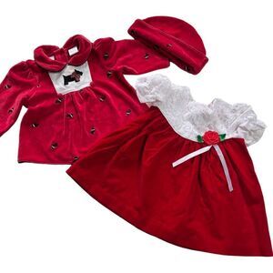 TWO Vintage 1990s Red Velvet Baby Dresses Lacey Floral Schnauzer Dog with Hat